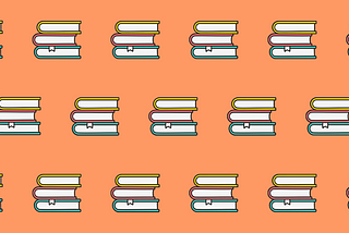 A pattern made up of a repeated icon of three books in a pile on top of each other. The top book has a bright yellow cover, the middle book has a bright pink cover and the bottom book has an aqua cover. The piles of books are on a bright orange background.