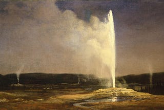 Painting of geyser eruptiong with plumes of steam in the background