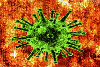 A fire-looking background of a graphic. Yellowish-white columns of misaligned numbers float in front of the oranges, yellows, reds, and deep purple-reds of the background, similar to The Matrix. A green, toxis-looking coronavirus particle floats in the center of the image