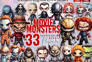 Halloween Monsters ClipArt~ 33 Watercolor horror Movie Characters PNG~ Horror Villain ~ High quality transparent PNG~ ScrapBooking ~ Digital
