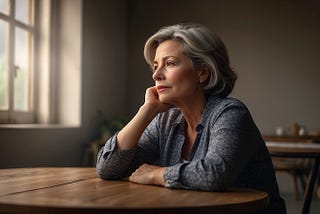 Middle-aged woman sitting at a table, in front of a window, deep in thought.
