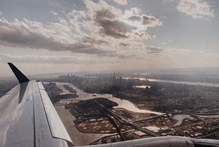 View of Manhattan taken from window seat, shortly after departure from LaGuardia, February 2020.