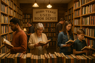 Readers browsing used books in a North Texas bookstore