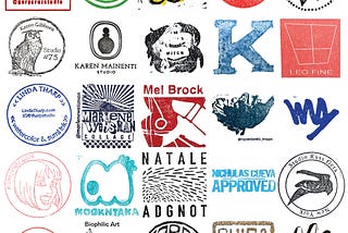 A 5 by 7 grid is filled with a variety of 32 stamps from different artists. Some include the artists’ names, some are images such as an owl or a hand, some are abstract, and all are printed using ink in many differentcolors. On the lower right, the Arts Gowanus logo and the TI Art Studios logo are included.