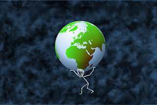 Over a dark mottled background, a white chalk stick figure lifts a large globe on their shoulders.