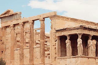 The stone building of Ancient Greece, with its columns and stone walls, illustrates the educational and debating environment of the Sophists.