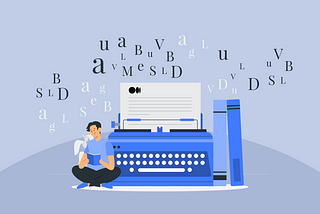 Illustration of a typewriter surrounded by characters.