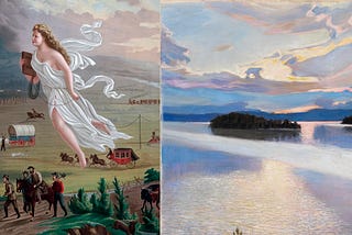 Details from John Gast’s “American Progress” and Akseli Gallen-Kallela’s painting of a lake.