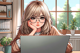 Image of a frustrated woman at her computer, anime-style — AI generated by Dalle-E 3