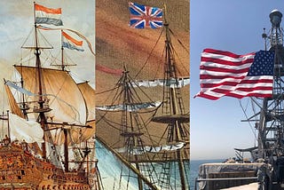 On the left a painting of a Dutch warship from the 17th century; in the middle a painting of a British warship from the 19th century; on the right a photo of a contemporary American warship.