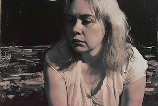 A mixed-media portrait painting of a middle-aged woman with shoulder-length blonde hair, seated and looking downward with a pensive, inward expression. She wears a light pink sleeveless top. Behind her, a stark black background with visible brushwork suggests a dark landscape or water, and a large full white moon sits directly above her head. The overall palette is muted — pale pinks, deep blacks, gray-whites — with visible paint texture throughout. The mood is contemplative and quiet.
