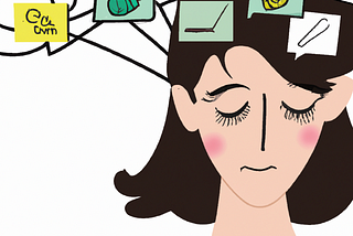 A women looking pensive with images of several things on her mind floating outside of her head. This is a visual of what it feels like to have ADHD