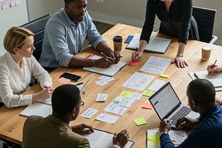 Meeting of Black and White people solving problems together