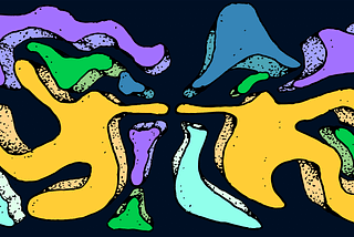 An abstract composition featuring various green, yellow, blue, and purple shapes, with two sets of shapes resembling human forms merging together in the center of the composition.