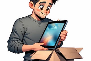 A cartoon character is taking a new M4 iPad out of a box. The character has expressive eyes, slightly tousled dark hair, and a casual outfit of a grey sweater and blue jeans. He has a delighted expression as he opens the box and takes out the iPad. The background is simple to keep the focus on the character and the iPad.