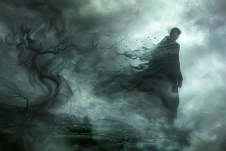 A dark, ethereal image of a solitary figure standing on a fog-covered landscape, contemplating existence. The background features swirling mist, barren trees, and distant birds flying, symbolizing the search for meaning and the unknown mysteries of life.