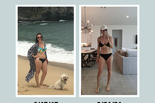 A progress before and after photo of weightloss. A girl is in a bikini. On the left she is at a beach with a white fluffy dog. On the right she is in a living room with a hat on.