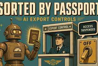 A retro robot at a checkpoint holds a glowing passport as a power switch is flipped off; headline reads Sorted by Passport