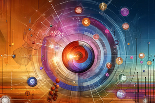 Abstract visualization of the interview process featuring a central glowing sphere representing the candidate, surrounded by dynamic shapes symbolizing the interviewer and various interview stages. These shapes are interconnected by lines and arrows forming a complex web, set against a digital landscape background. The palette mixes warm oranges, cool blues, and vibrant purples, creating depth and movement.