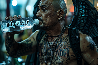 A man with large black wings drinking a bottle of Holy Water in a church.