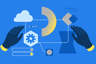 Abstract illustration of hands building something out of abstract shapes on a screen.