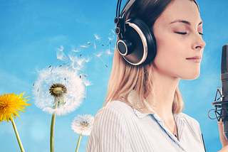 On a light blue background, bright yellow and white dandelions. One dandelion is dispersing its seeds to the right, directly into the headset of a young woman, closing her eyes, and holding a microphone.