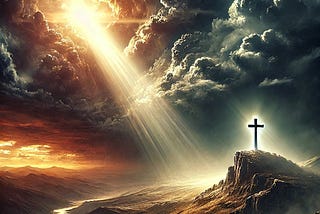 This image visually captures the dual themes of God’s wrath and grace as depicted in Romans 1. A stormy sky with dark, turbulent clouds symbolizes divine wrath, while a radiant beam of light piercing through the darkness represents God’s grace and mercy. The rugged landscape below features a lone, ancient cross on a hill, signifying the hope of salvation through Christ. https://youtube.com/shorts/vzvgFUl1Yog?feature=share