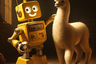 “A happy yellow robot playing with a white llama, styled in the manner of Rembrandt” (DALL·E)