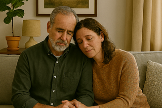 A couple sitting on a couch holding hands grieve the recent death of their child.