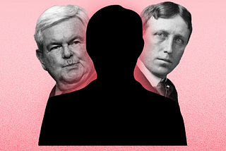 A mysterious silhouette rests center a red background. Peeking behind on the right is W. Hurst, from the left is N. Gingrich.