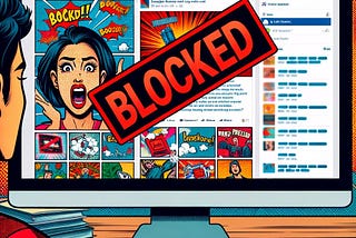 IMAGE: A comic-style illustration of a Facebook user’s feed with one update being blocked