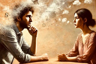 A man and a woman sitting across each other talking at a table