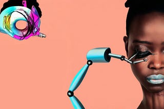 A robot arm puts a lash extension on a beautiful Black girl