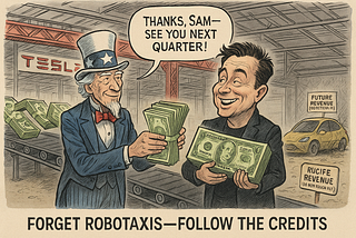 Political cartoon showing Uncle Sam in a stars-and-stripes suit handing stacks of cash to a grinning Elon Musk inside a Tesla Gigafactory. Conveyor belts in the background carry oversized dollar bills shaped like Megapacks. Elon is holding money with a speech bubble saying, “Thanks, Sam — see you next quarter!” Off to the side, a dusty Robotaxi sits under a sign labeled “Future Revenue (Do Not Touch Yet).” Caption at the bottom reads: “Forget Robotaxis — Follow the Credits.