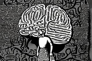 An abstract image of man in front of an mural that showcases the brain