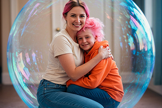 Mom and daughter with pink hair inside a blue bubble
