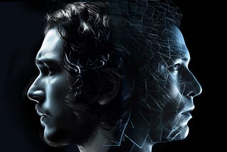 Close-up of the fused heads of “Game of Thrones” character “Jon Snow”and a fictional user persona, looking in opposite directions