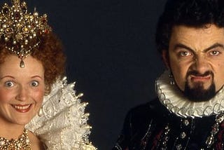 Photo of the mad Queen Lizze the First and Blackadder form the BBC comedy Blackadder