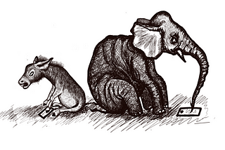 An elephant and donkey sitting back to back, staring angrily at electronic devices