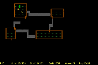 A screenshot from the 1984 DOS edition of Rogue