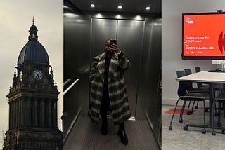 Three-part image: On the left, Leeds Town Hall clock tower at dusk. In the middle, Yatta is posing in a striped coat inside an elevator. On the right, a presentation room with a screen displaying ‘Getting to know the CCMPR’, ‘CCMPR Induction 2024’.