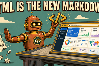 Retro illustration of a robot choosing an HTML browser window over a crumpled markdown document at a drafting table