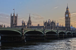 The Westminster Bridge with Big Ben on the right and the Palace of Westminster on the left