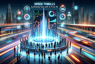 An image showing a diverse group of people of various descents and genders, gathered around a glowing AI interface with graphs and data in a dynamic, futuristic city setting. The scene represents the impact of AI in accelerating tasks and its transformative role in a fast-paced world.