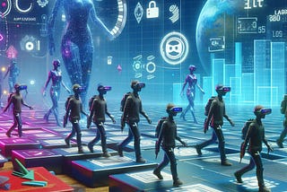 A futuristic virtual environment with students walking around while wearing virtual reality or mixed reality headsets.