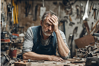 Depressed middle-aged man in a messy workshop.
