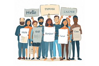 An illustration shows nine individuals from diverse nations each proudly display a sign featuring the word ‘hello’ in their respective native languages.