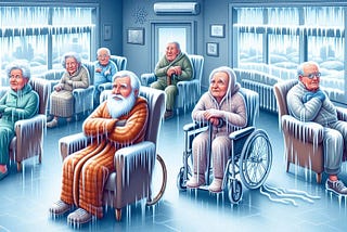 Senior citizens sitting in a frozen house