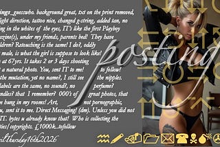 postings_guesswho. background great, txt on the print removed, add light direction, tattoo nice, changed g-string, added tan, no lighting in the whites of the eyes, IT’s like the first Playboy Magazine(s), under my friends, parents bed! They have 3 children? Retouching is the same! I do?, oddly being male, is what the girl is suppose to look like! Even at 67yrs. It takes 2 or 3 days shooting to get a natural photo. You, sent IT to me! to follow! I see the mutation, yet no name?, I stil