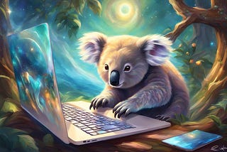AI Image generated in KoalaWriter. Style: Fantasy. Prompt: /dream fantasy 3:2 koala typing on a laptop computer